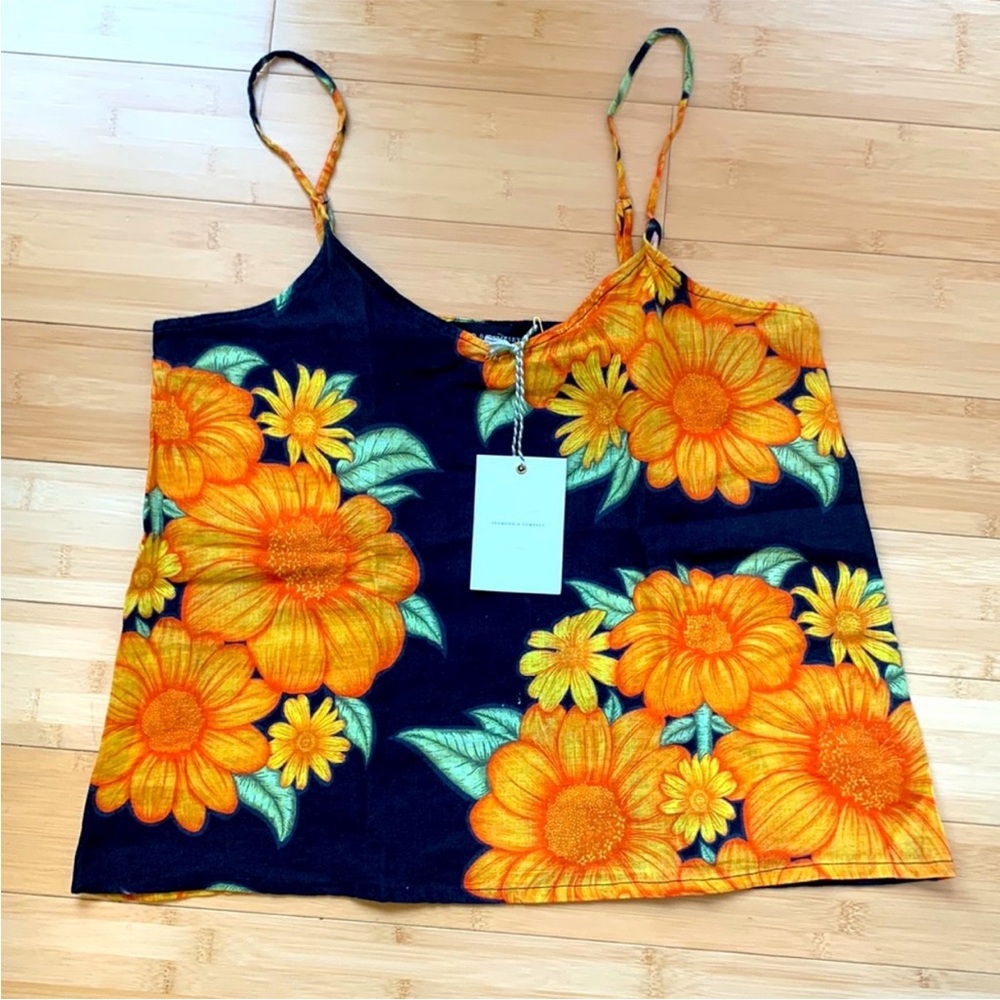 🖤🧡 NWT Desmond & Dempsey Tithonia Print Linen Camisole - Floral - Bright 🧡🖤